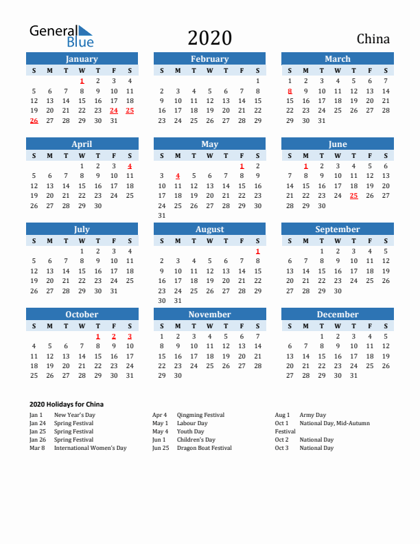 Printable Calendar 2020 with China Holidays (Sunday Start)