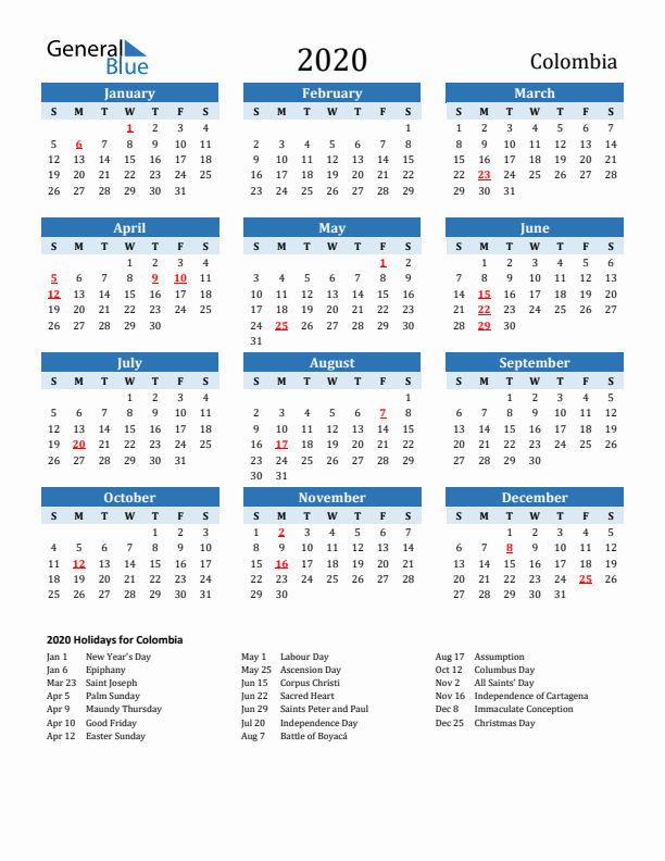 Printable Calendar 2020 with Colombia Holidays (Sunday Start)