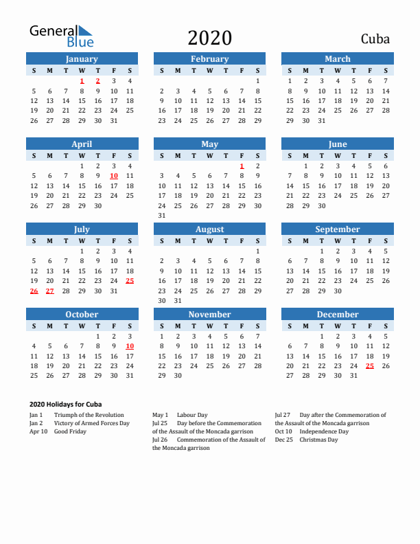 Printable Calendar 2020 with Cuba Holidays (Sunday Start)