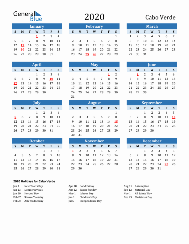 Printable Calendar 2020 with Cabo Verde Holidays (Sunday Start)