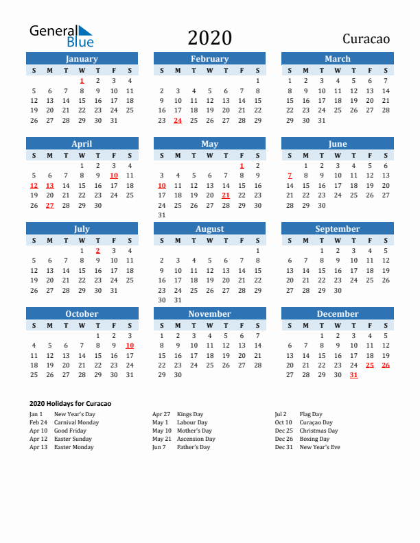 Printable Calendar 2020 with Curacao Holidays (Sunday Start)