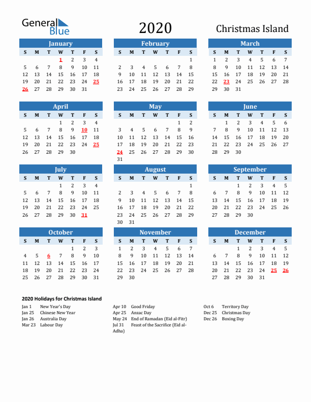 Printable Calendar 2020 with Christmas Island Holidays (Sunday Start)