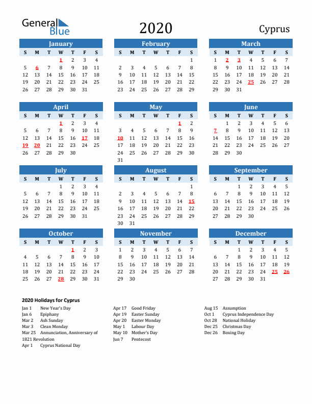 Printable Calendar 2020 with Cyprus Holidays (Sunday Start)
