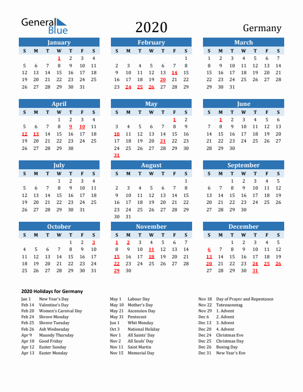 Printable Calendar 2020 with Germany Holidays (Sunday Start)