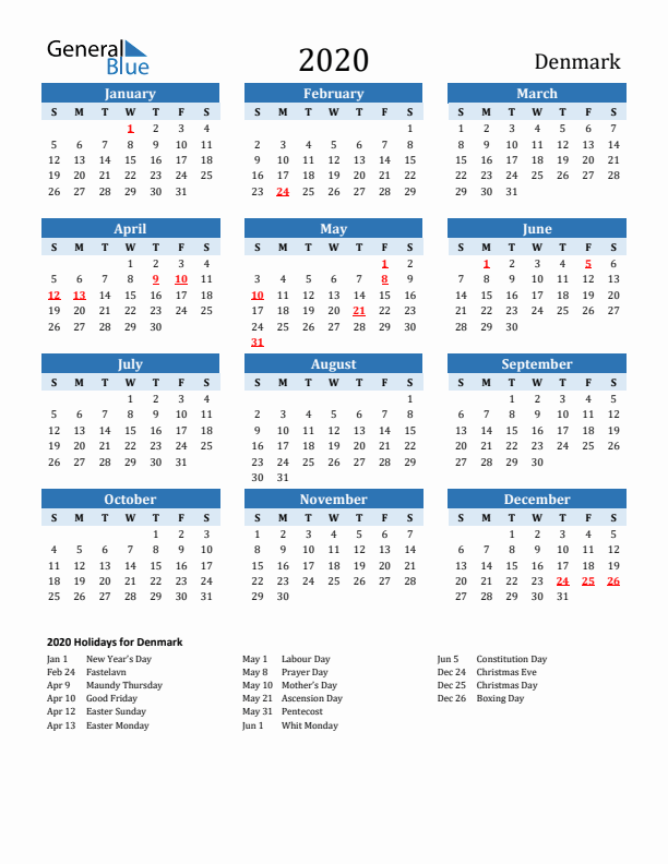 Printable Calendar 2020 with Denmark Holidays (Sunday Start)