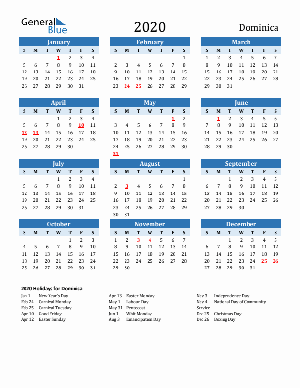 Printable Calendar 2020 with Dominica Holidays (Sunday Start)