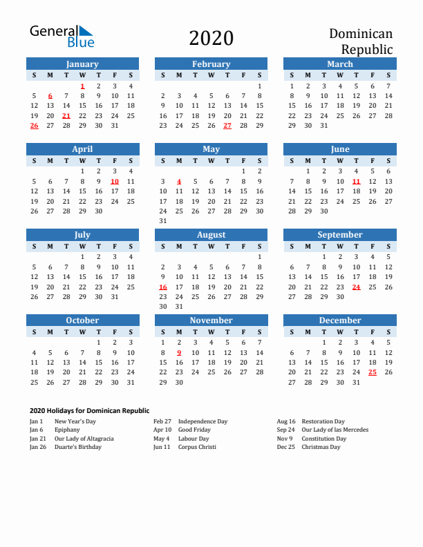 Printable Calendar 2020 with Dominican Republic Holidays (Sunday Start)