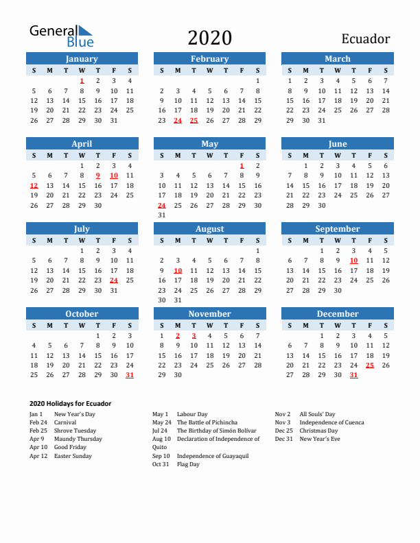 Printable Calendar 2020 with Ecuador Holidays (Sunday Start)