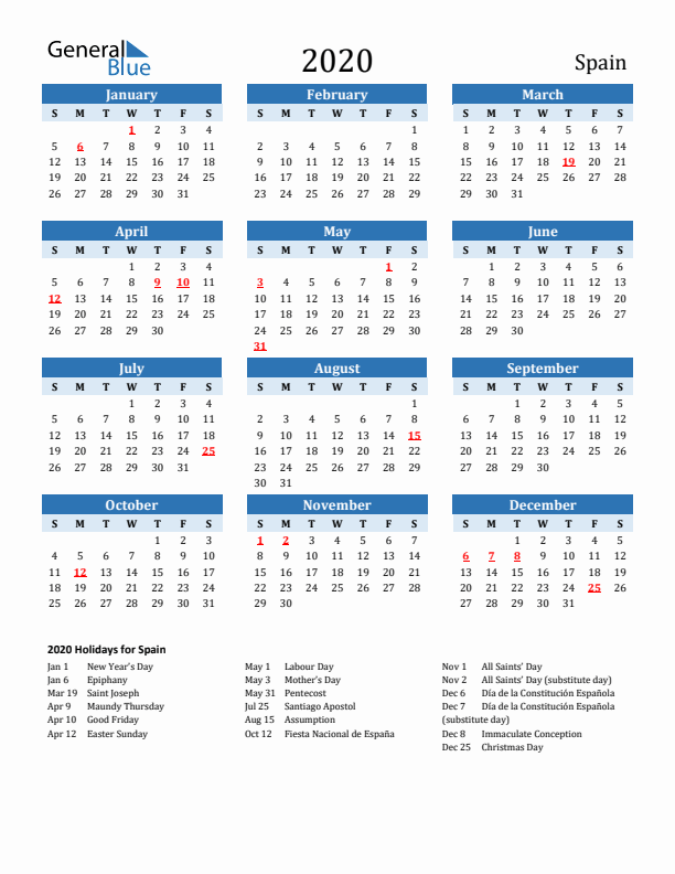 Printable Calendar 2020 with Spain Holidays (Sunday Start)