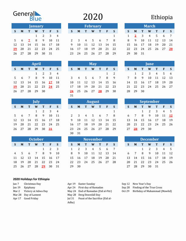 Printable Calendar 2020 with Ethiopia Holidays (Sunday Start)