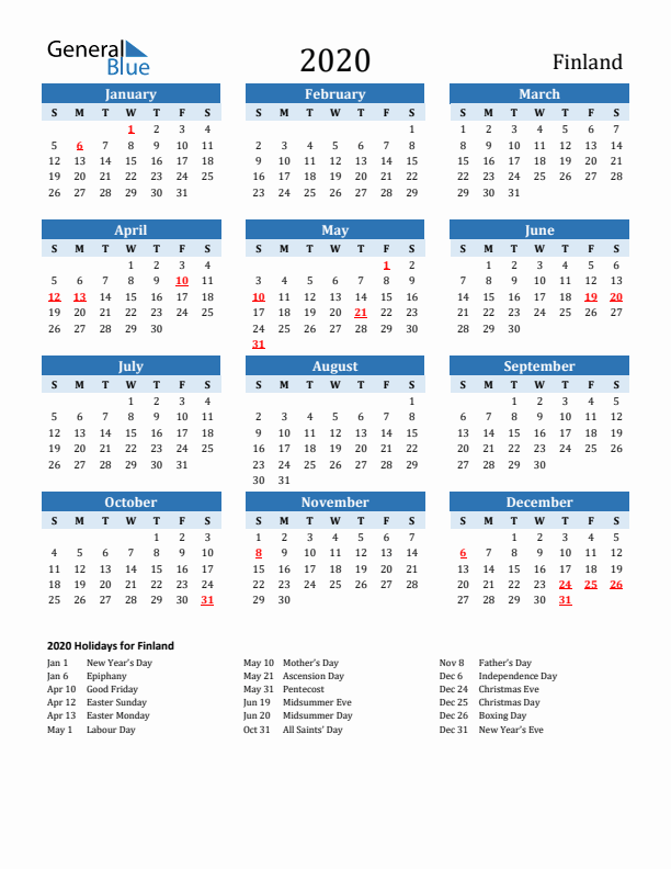 Printable Calendar 2020 with Finland Holidays (Sunday Start)