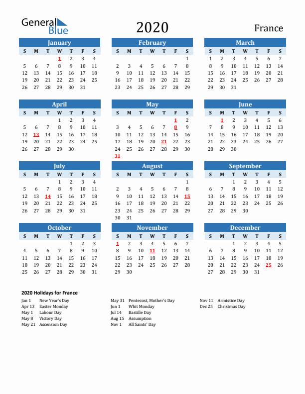 Printable Calendar 2020 with France Holidays (Sunday Start)