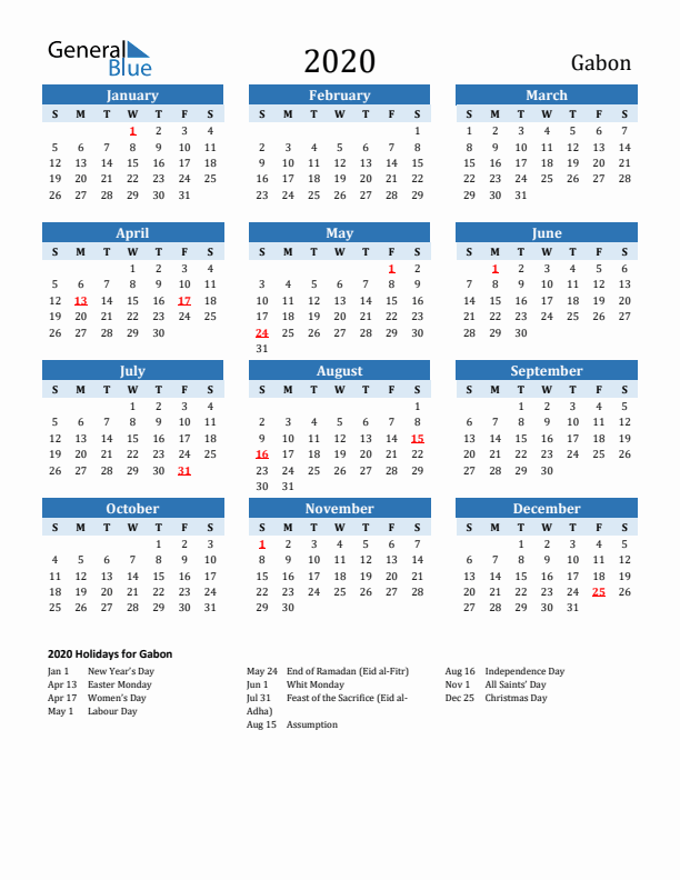 Printable Calendar 2020 with Gabon Holidays (Sunday Start)