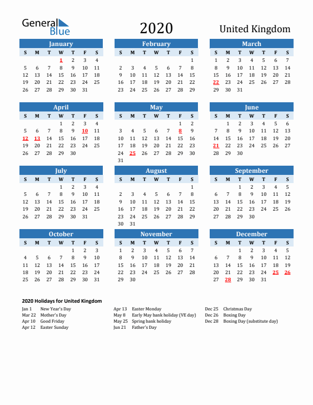 Printable Calendar 2020 with United Kingdom Holidays (Sunday Start)
