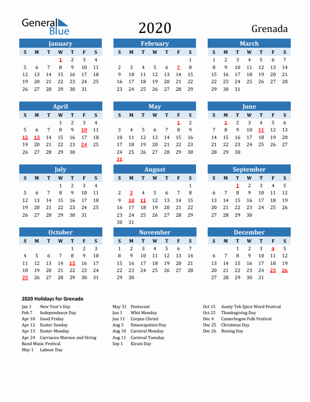 Printable Calendar 2020 with Grenada Holidays (Sunday Start)