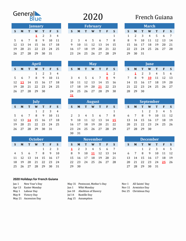 Printable Calendar 2020 with French Guiana Holidays (Sunday Start)