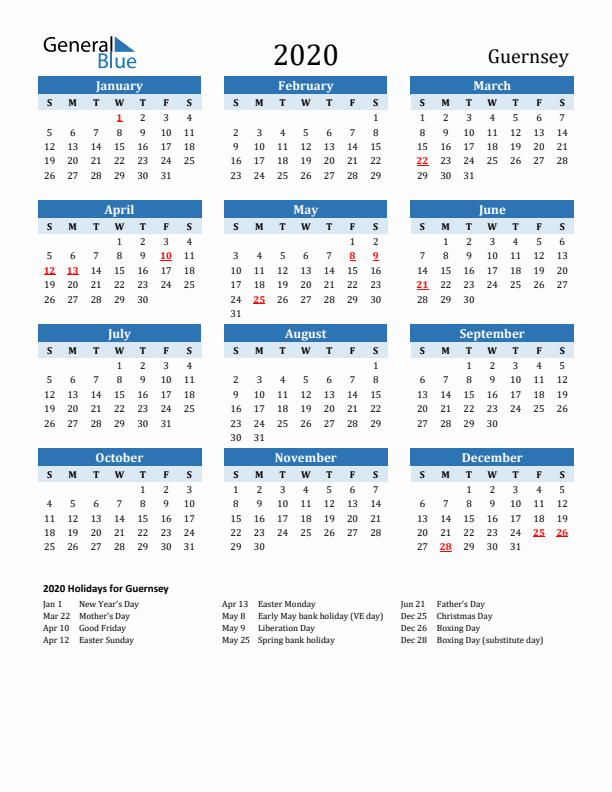 Printable Calendar 2020 with Guernsey Holidays (Sunday Start)