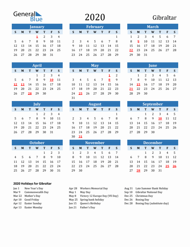 Printable Calendar 2020 with Gibraltar Holidays (Sunday Start)