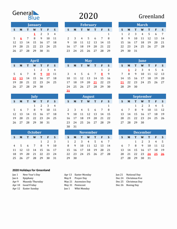 Printable Calendar 2020 with Greenland Holidays (Sunday Start)
