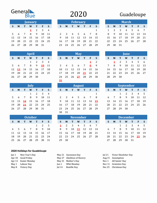Printable Calendar 2020 with Guadeloupe Holidays (Sunday Start)