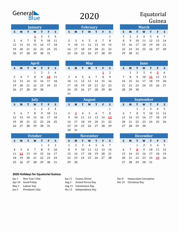 Printable Calendar 2020 with Equatorial Guinea Holidays (Sunday Start)