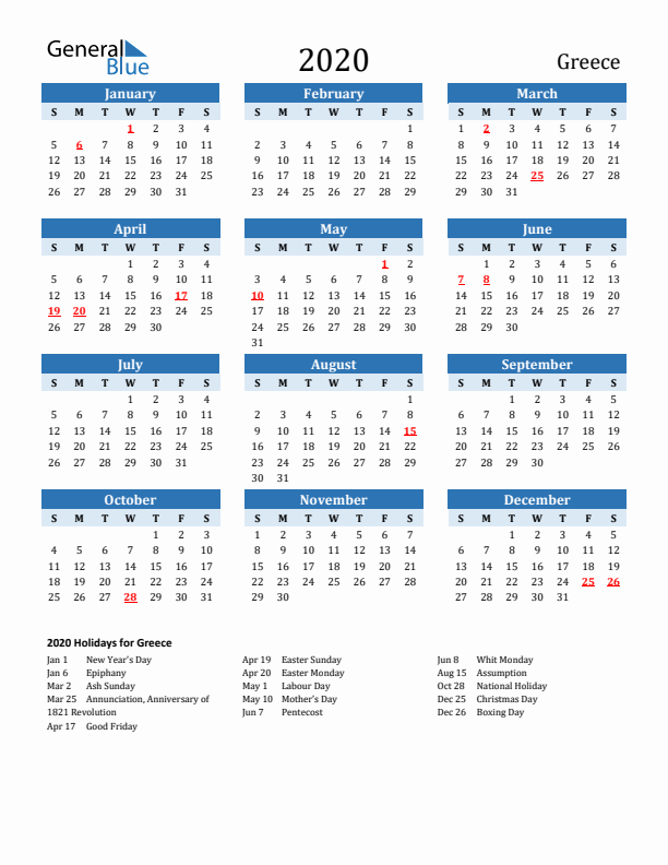 Printable Calendar 2020 with Greece Holidays (Sunday Start)