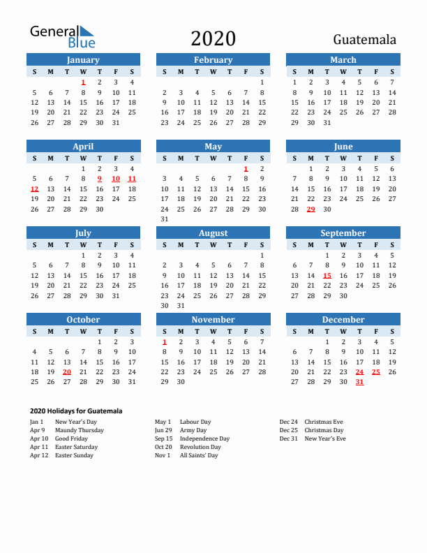Printable Calendar 2020 with Guatemala Holidays (Sunday Start)