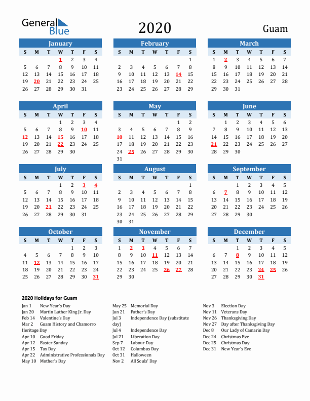 Printable Calendar 2020 with Guam Holidays (Sunday Start)