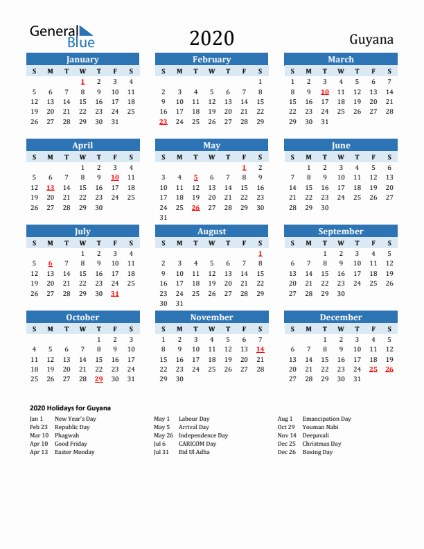 Printable Calendar 2020 with Guyana Holidays (Sunday Start)