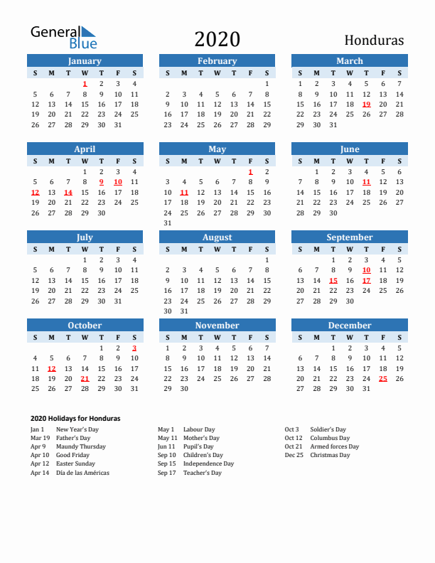Printable Calendar 2020 with Honduras Holidays (Sunday Start)