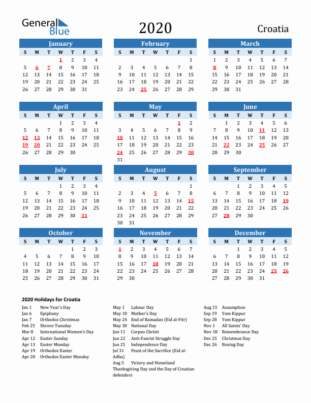 Printable Calendar 2020 with Croatia Holidays (Sunday Start)