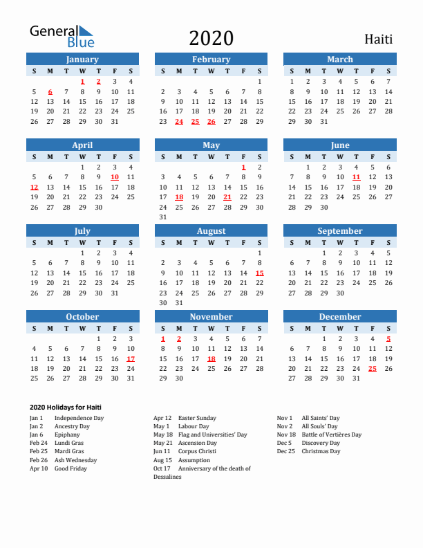 Printable Calendar 2020 with Haiti Holidays (Sunday Start)