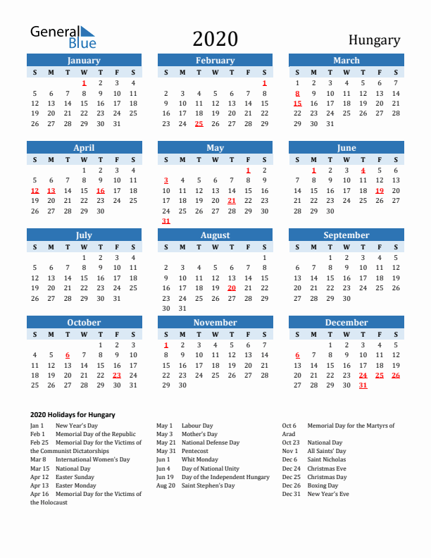 Printable Calendar 2020 with Hungary Holidays (Sunday Start)