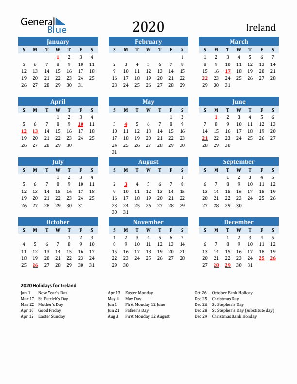 Printable Calendar 2020 with Ireland Holidays (Sunday Start)