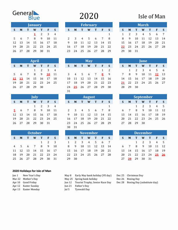 Printable Calendar 2020 with Isle of Man Holidays (Sunday Start)