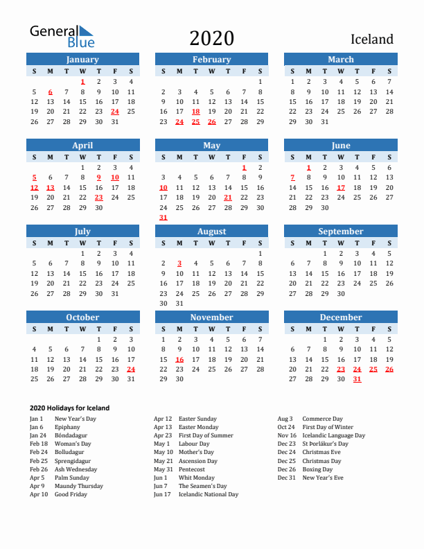 Printable Calendar 2020 with Iceland Holidays (Sunday Start)