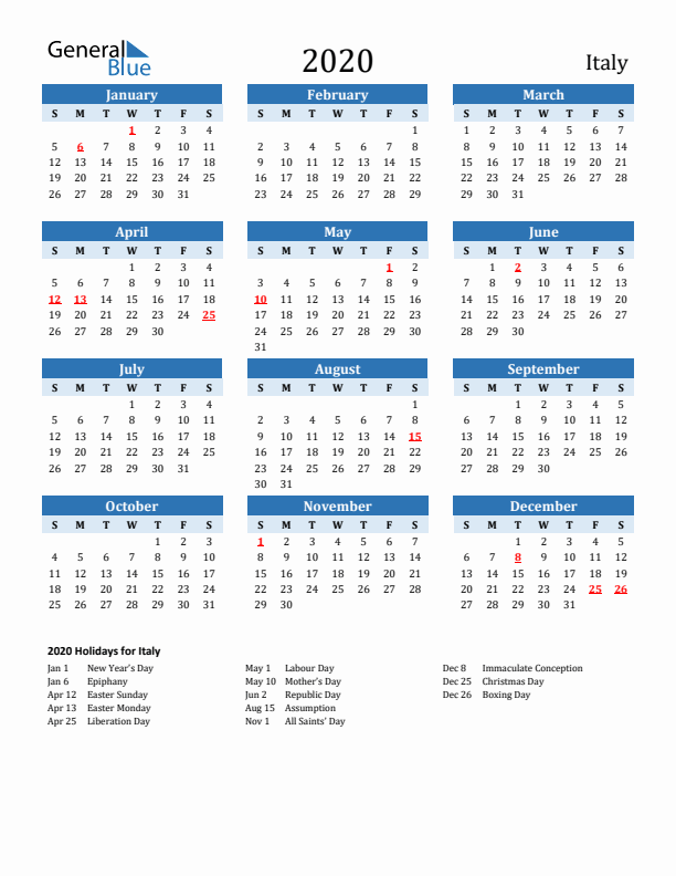 Printable Calendar 2020 with Italy Holidays (Sunday Start)