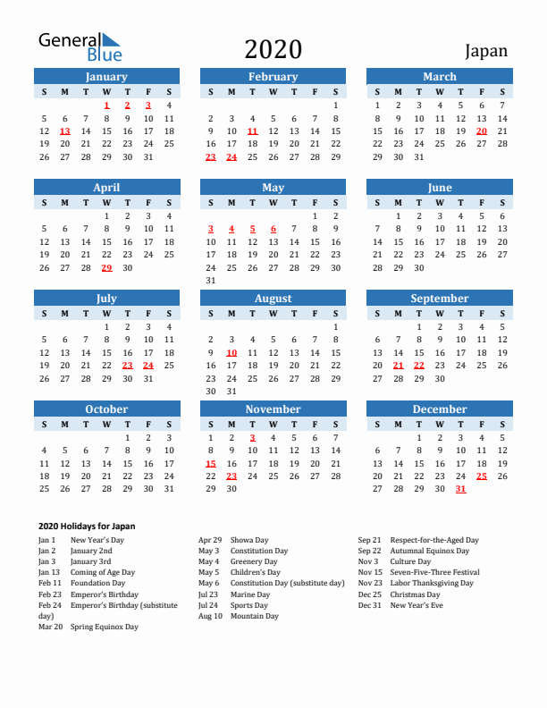 Printable Calendar 2020 with Japan Holidays (Sunday Start)