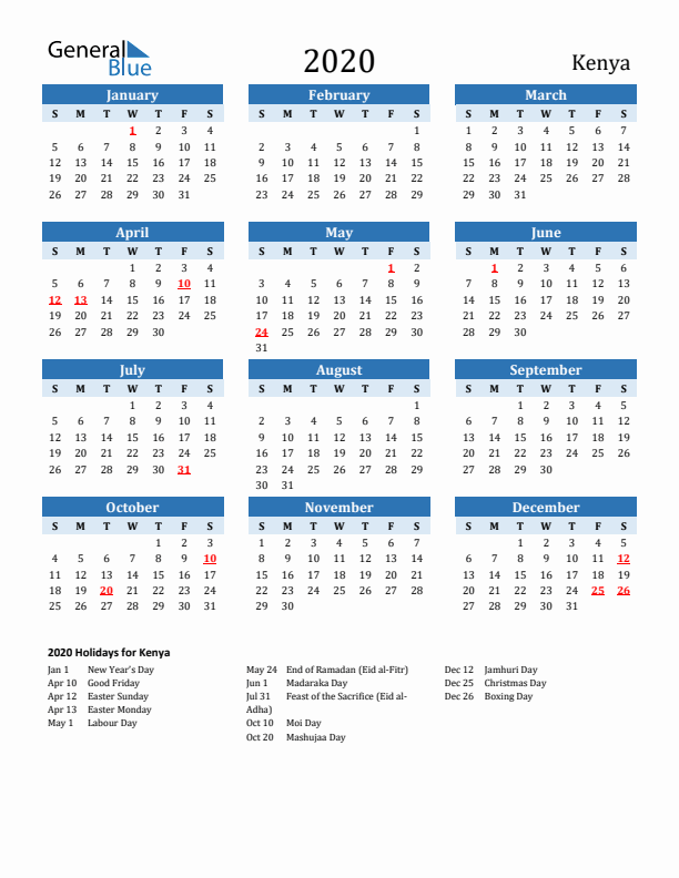 Printable Calendar 2020 with Kenya Holidays (Sunday Start)