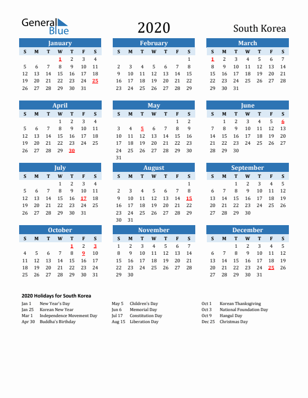 Printable Calendar 2020 with South Korea Holidays (Sunday Start)
