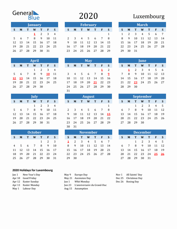 Printable Calendar 2020 with Luxembourg Holidays (Sunday Start)