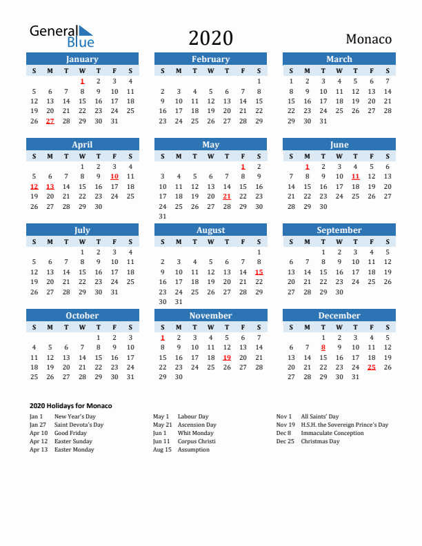 Printable Calendar 2020 with Monaco Holidays (Sunday Start)