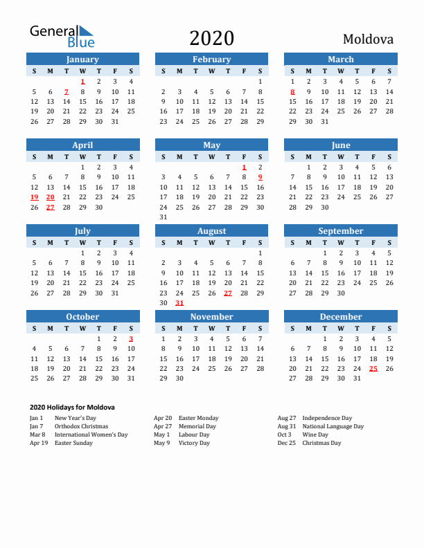 Printable Calendar 2020 with Moldova Holidays (Sunday Start)