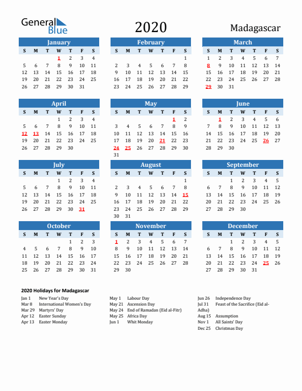 Printable Calendar 2020 with Madagascar Holidays (Sunday Start)