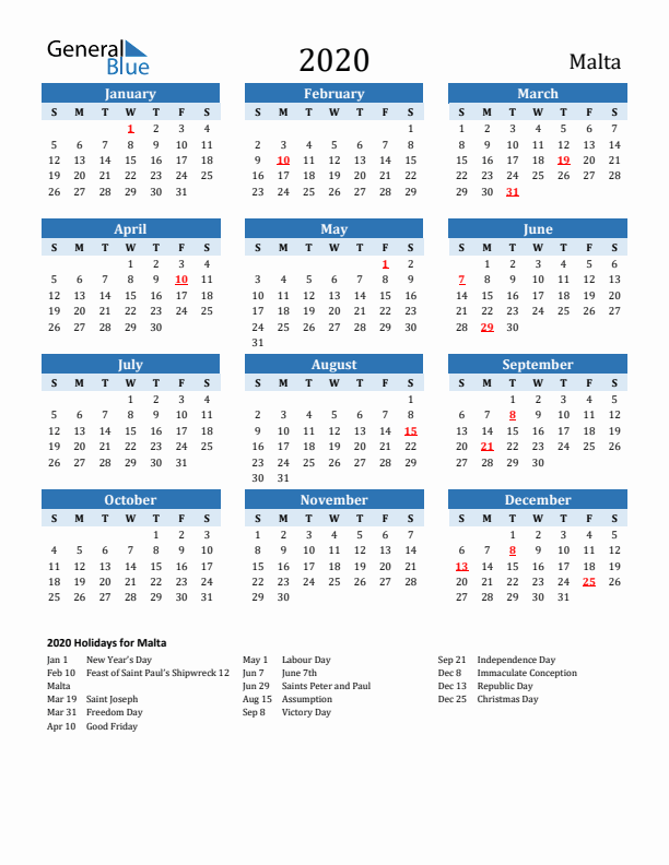Printable Calendar 2020 with Malta Holidays (Sunday Start)