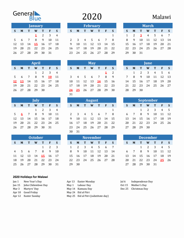 Printable Calendar 2020 with Malawi Holidays (Sunday Start)
