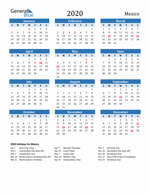 Printable Calendar 2020 with Mexico Holidays (Sunday Start)