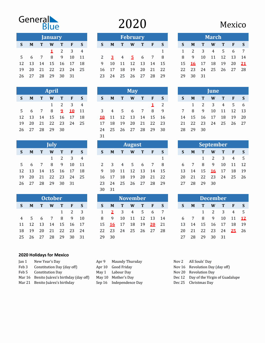 2020 Printable Calendar with Mexico Holidays