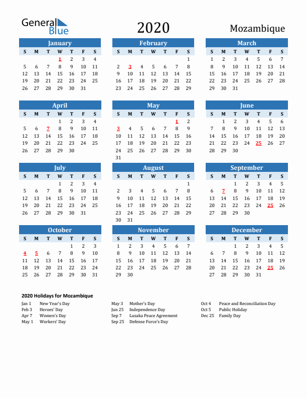 Printable Calendar 2020 with Mozambique Holidays (Sunday Start)