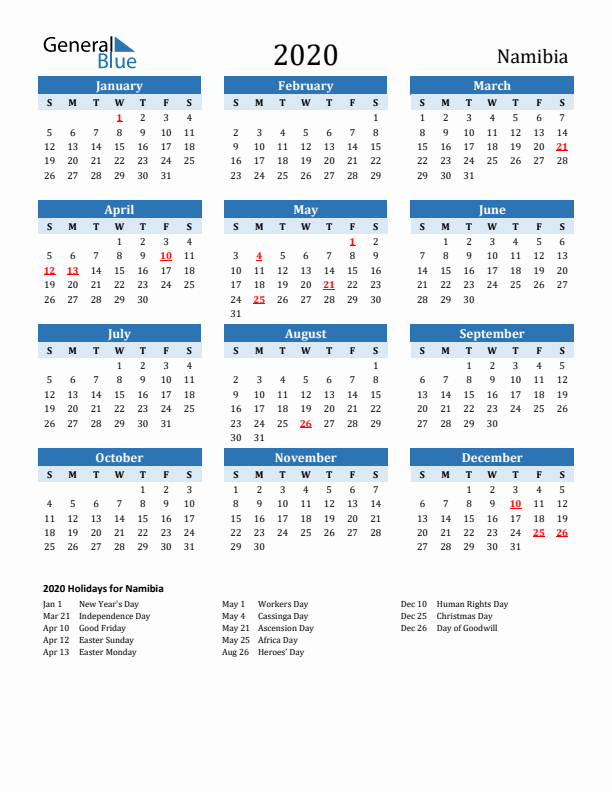 Printable Calendar 2020 with Namibia Holidays (Sunday Start)